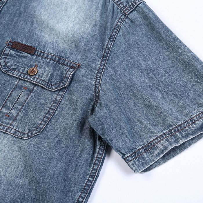 Men's Short Sleeve Denim Shirt, Regular Fit, Casual Summer Cotton Denim Shirt with Pockets - Light Blue