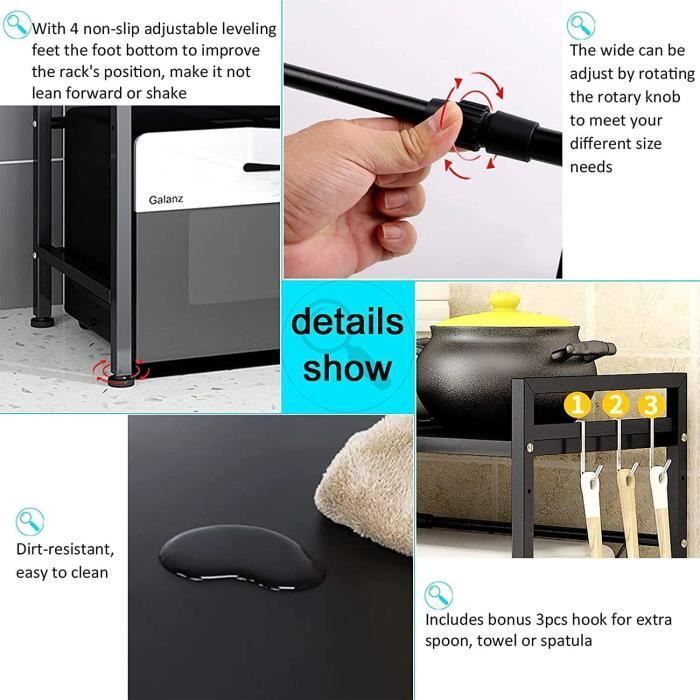 Meuble Rangement Cuisine,Support de Four à Micro Longeur Réglable 40-64cm avec 6 Crochets Amovibles - Noir