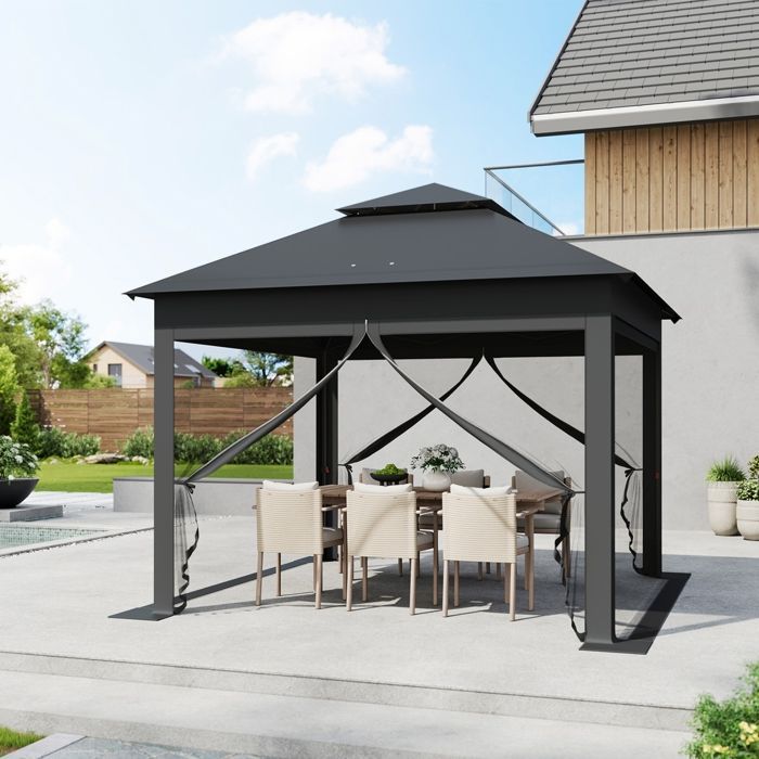 Cenador de jardín exterior WOLTU - Pérgola plegable de 3x3 m - Mosquitera extraíble - Techo doble impermeable - Resistente a los rayos UV - Antracita