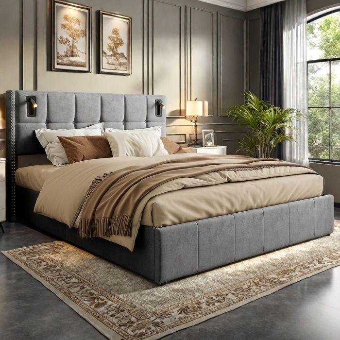 Cama con almacenamiento de 160 x 200 cm, cama de 160 x 200 cm con somier de láminas, cama doble, estructura de cama, con lámpara de lectura de mesilla, gris, terciopelo