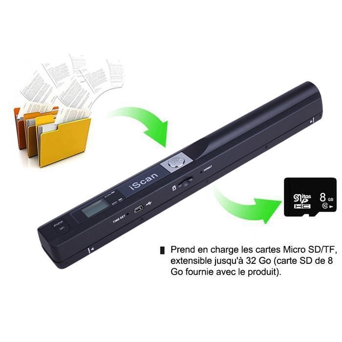 Scanner portátil A4 - 300/600/900 DPI - Sem fio, de mão, inclui cartão SD de 8 GB, PDF/JPEG - Preto