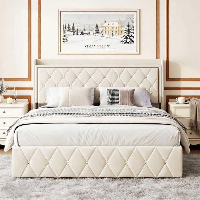 140x190 cm bed - NMONET - LED - fluwelen stof - tweepersoonsbedframe 140x190 cm - beige
