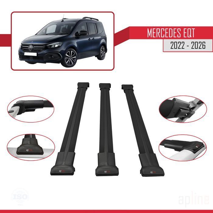 Barras de techo para Mercedes EQT / Citan W420 2022-2026, modelo FLY, portaequipajes para coche, color negro, 3 barras.
