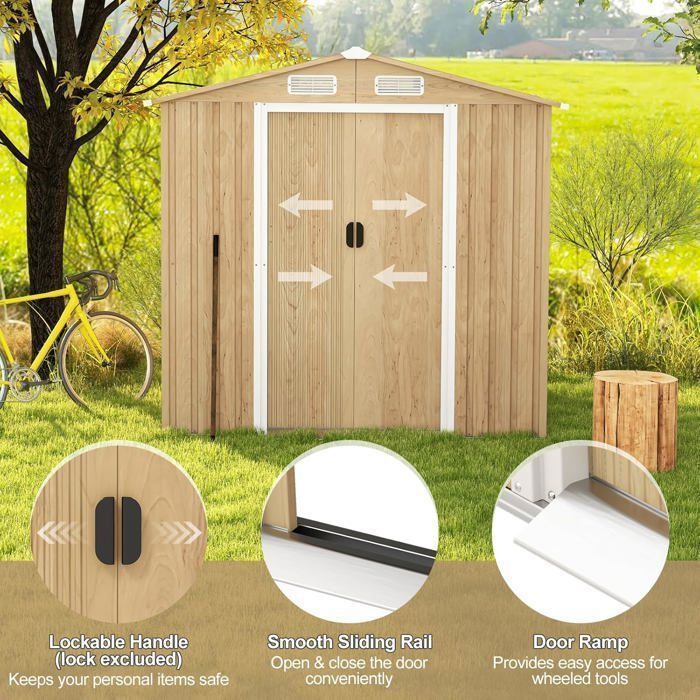 Caseta de jardín metálica galvanizada COSTWAY de 2,78 m² (196 x 142 x 186 cm) - Puertas correderas, pasamanos - 4 rejillas de ventilación - Color imitación madera