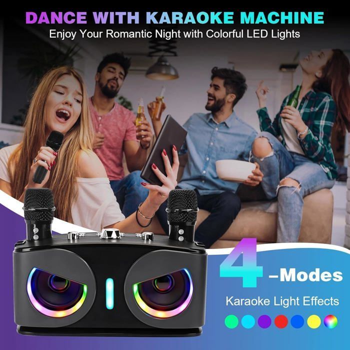 Máquina de karaoke con 2 micrófonos inalámbricos, sistema de karaoke portátil Bluetooth con forma de búho y luces de discoteca, compatible con TV/USB/AUX/TF/FM.