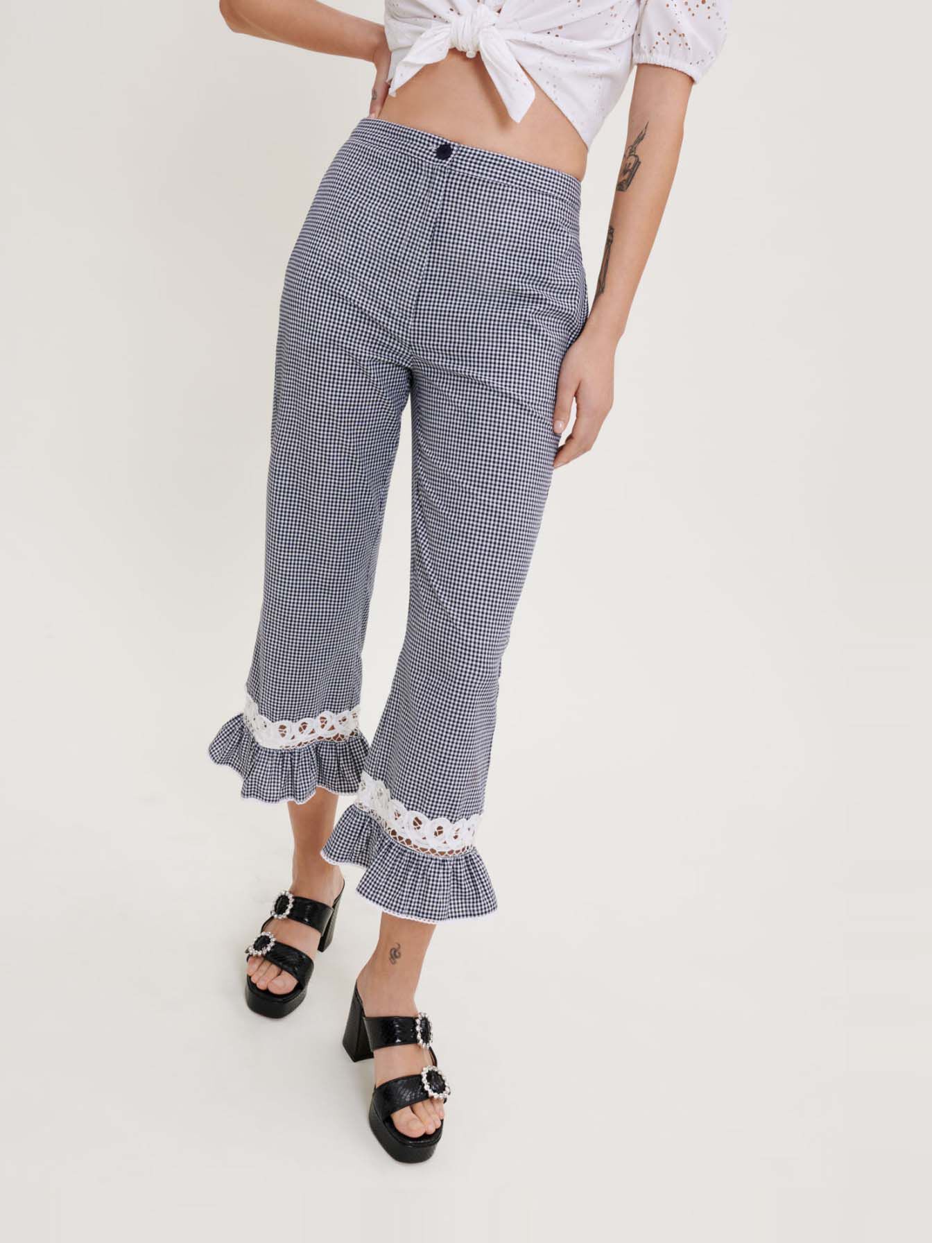 Pantaloni în carouri Vichy și dantelă - Bleumarin / Ecru