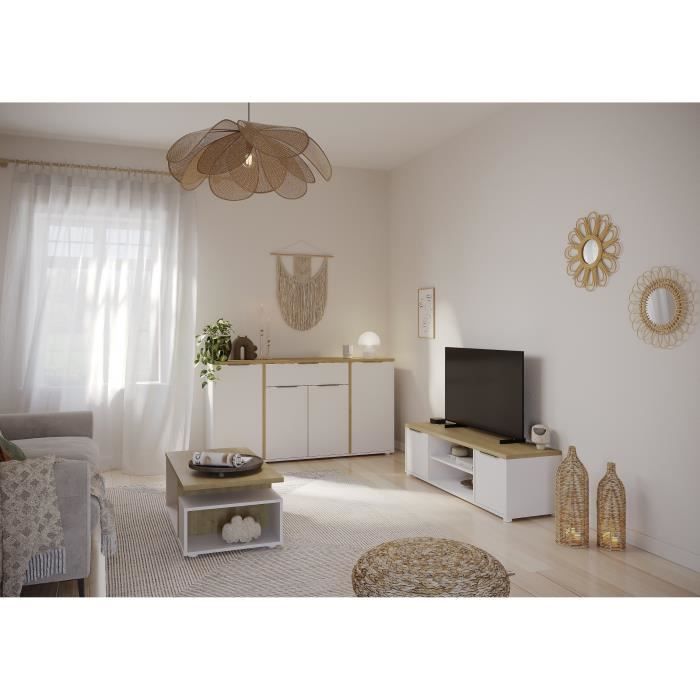 Conjunto de salón ACCESS: Mesa de centro + mueble para TV + aparador de 4 puertas - Acabado en roble Hamilton y blanco