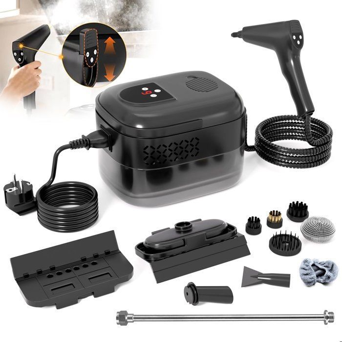 Pulitore a vapore portatile, alta temperatura e pressione, 6 impostazioni regolabili, 2500 W con 11 accessori, 3 bar, per pavimenti, bagni, cucine e auto.