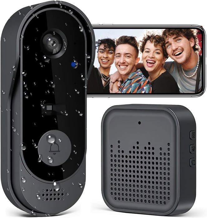 Sonnette sans Fil avec Camera,WiFi Sonnette Exterieur Etanche,Détection Humaine PIR,Vision Nocturne Infrarouge,Audio Bidirectionnel