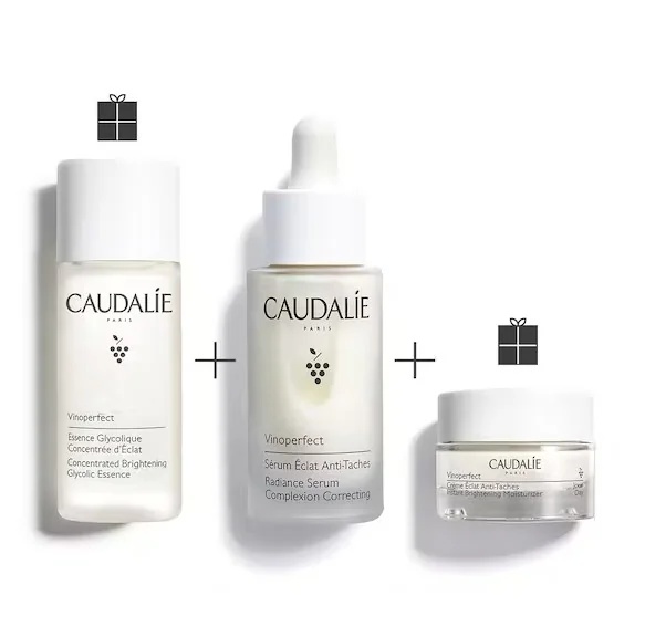 Conjunto Caudalie Vinoperfect 1, 2, 3: Sérum Iluminador para imperfeições da pele, Essência Iluminadora com Ácido Glicólico, Creme Iluminador para imperfeições da pele