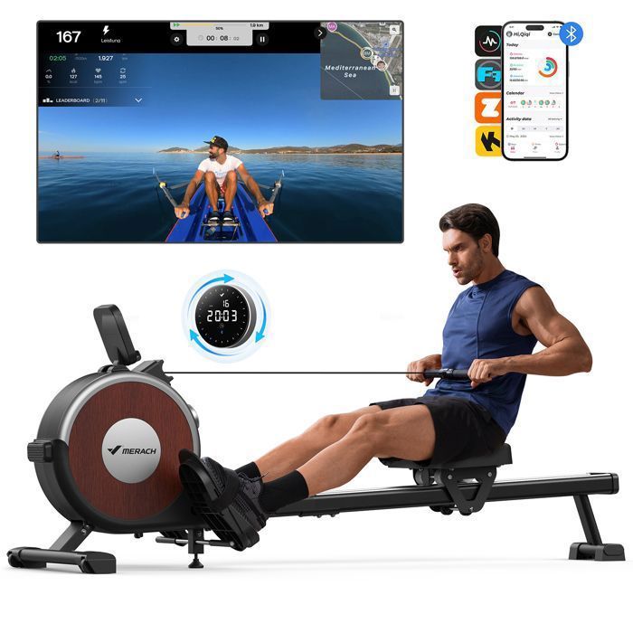 Vogatore elettromagnetico – MERACH – Supporto per tablet – Compatibile con app – 16 livelli di resistenza – Acciaio – Marrone scuro