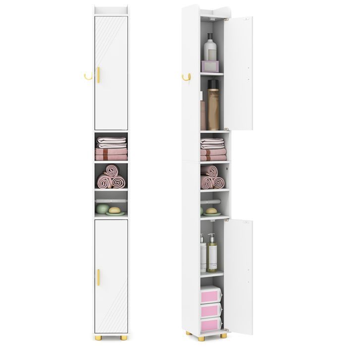 Mueble columna para baño COSTWAY de 20x20x179cm con 2 puertas y estantes ajustables, para salón, dormitorio u oficina, color blanco.