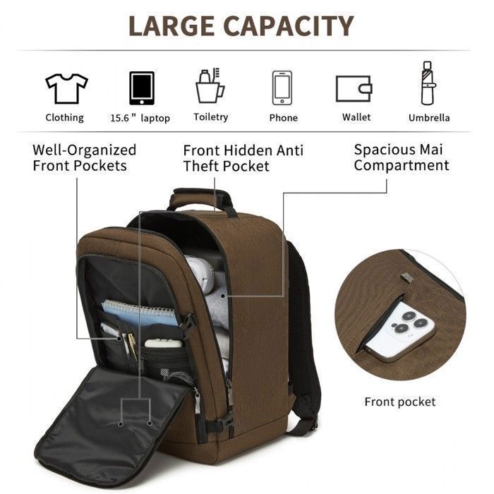 Mochila Kono de 40x20x30cm, apta para equipaje de mano según las normas de Ryanair, 24L, para colocar debajo del asiento en el avión, para mujeres y hombres, color marrón.