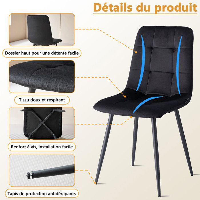 Set of 4 chairs - Velvet chairs - Contemporary dining chair - 44 W x 41 D x 50 H cm - black
