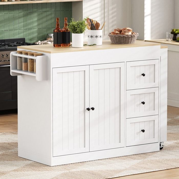 Extendable kitchen island on casters 112-186×45×93 cm Dining table with worktop, 2 doors, 3 drawers - white