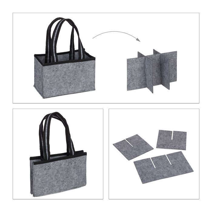 Relaxdays Porte-bouteilles pour 6, feutre, sac à main de bière pour homme, tissu, poche pour 0,5l, 15x24x15 cm, gris