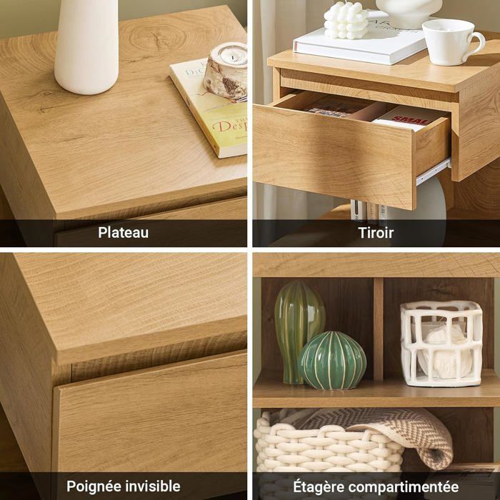 Set of bedside tables - SOBUY - 1 drawer - 2 shelves - 39x39x65 cm - Light wood - Max load 35 kg - Easy assembly