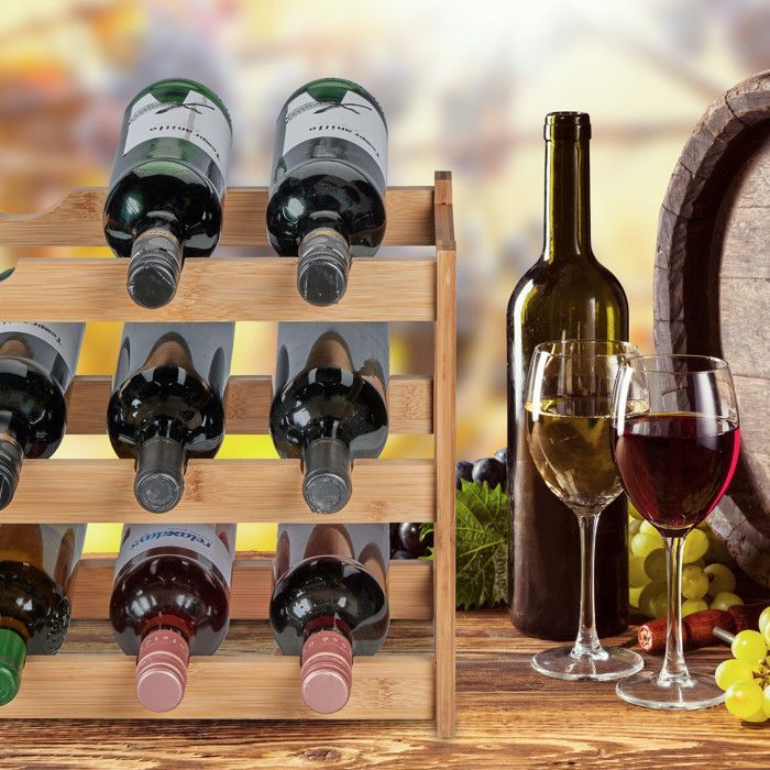 Relaxdays Rangement bouteilles de vin, 12 emplacements, bambou, HxLxP: 30 x 45 x 23,5 cm, non fixe, cuisine, bar, nature