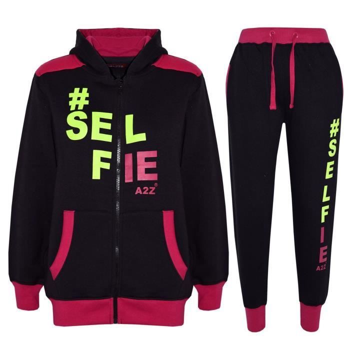 Chándal con capucha para niña con estampado Selfie - Multideporte - Edades 5-14 - Negro y rosa - Manga larga