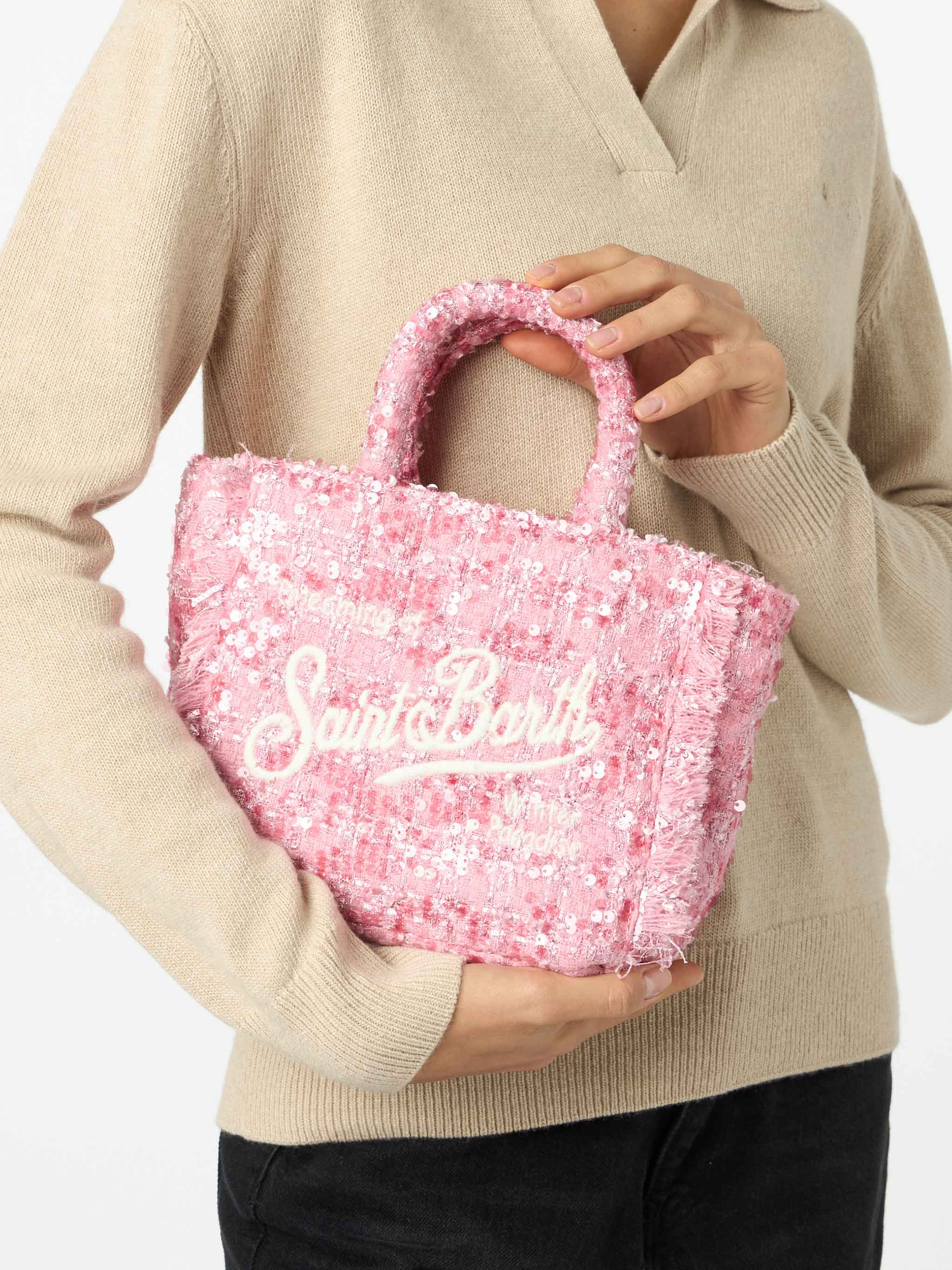 Mini Vanity vinterhåndtaske | Lyserød tweed med ulden effekt | Saint Barth logo | Aftagelig skulderrem | Inderflap med lynlås | MC2 Saint Barth