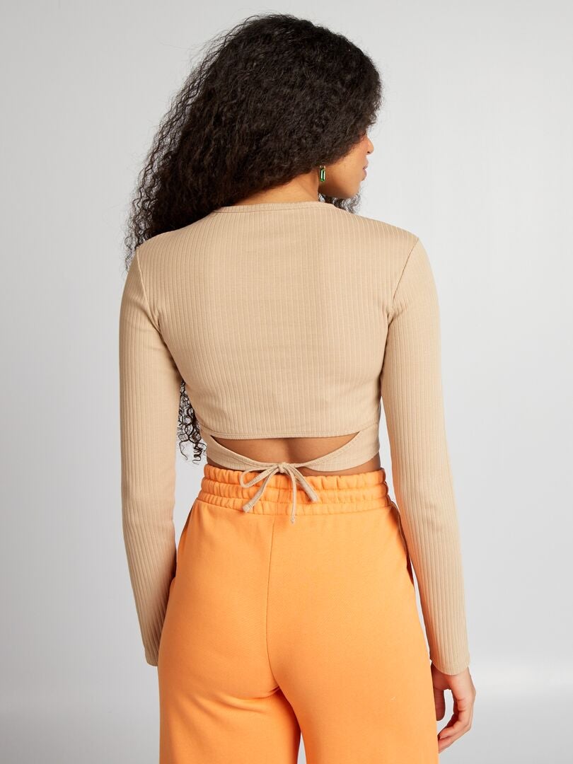 Geribbeld cropped T-shirt - BEIGE