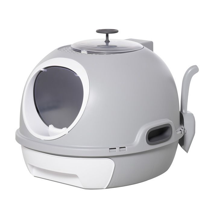 Bac à litière pour chat - maison de toilette - PawHut - portable tiroir coulissant porte battante pelle - plastique - gris