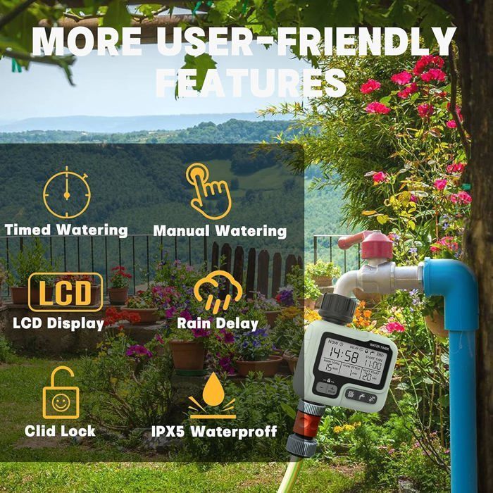 Timer per irrigazione, regolatore d'acqua IPX5 impermeabile, irrigatore manuale/automatico con ampio schermo LCD, facile installazione per balconi.