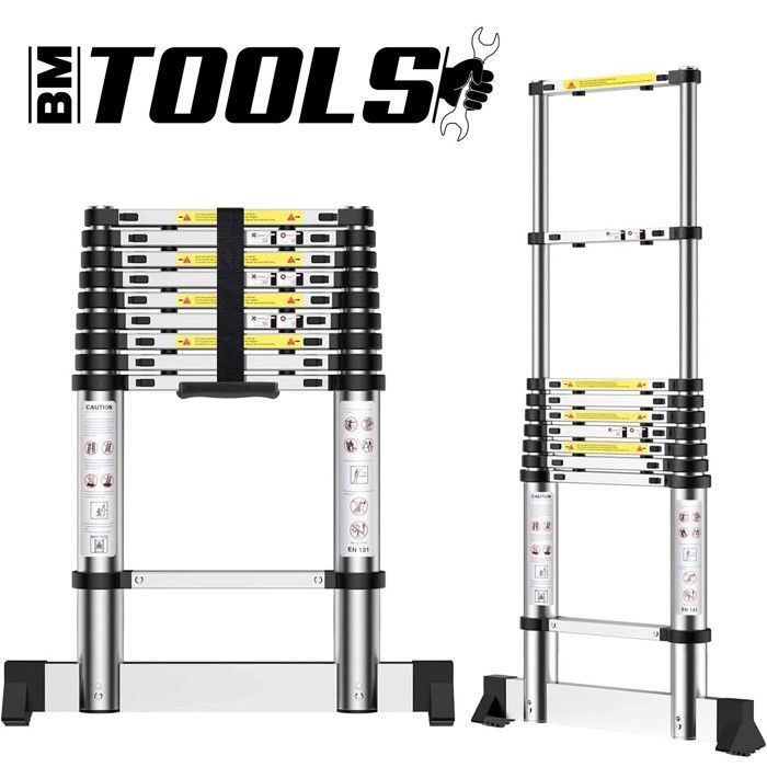 Scala telescopica in alluminio BM TOOLS da 2,6 m con stabilizzatore - Portata massima 150 kg - Pieghevole, estensibile, dritta, multifunzionale