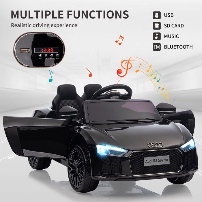 Coche eléctrico infantil Audi R8 Spyder, con licencia oficial, 12 V, suspensión, 3 velocidades, luces LED y claxon - Negro