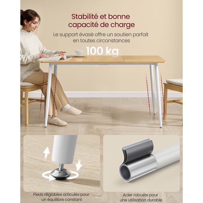 Table à Manger, pour 4-6 Personnes, Style Ferme, Surface Résistante à la Chaleur, 75 x 140 x 75 cm, Doré Chêne et Blanc Nuage