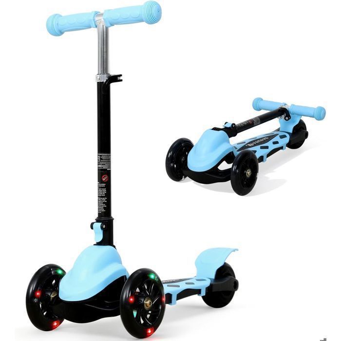 Monopattino pieghevole con 3 ruote illuminate a LED per bambini dai 2 ai 5 anni, manubrio regolabile in altezza su 3 posizioni, colore blu.