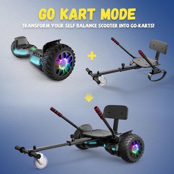 Hoverboard con asiento integrado, 8,5 pulgadas con altavoz Bluetooth y luces LED para niños (incluye kart a pedales), gris