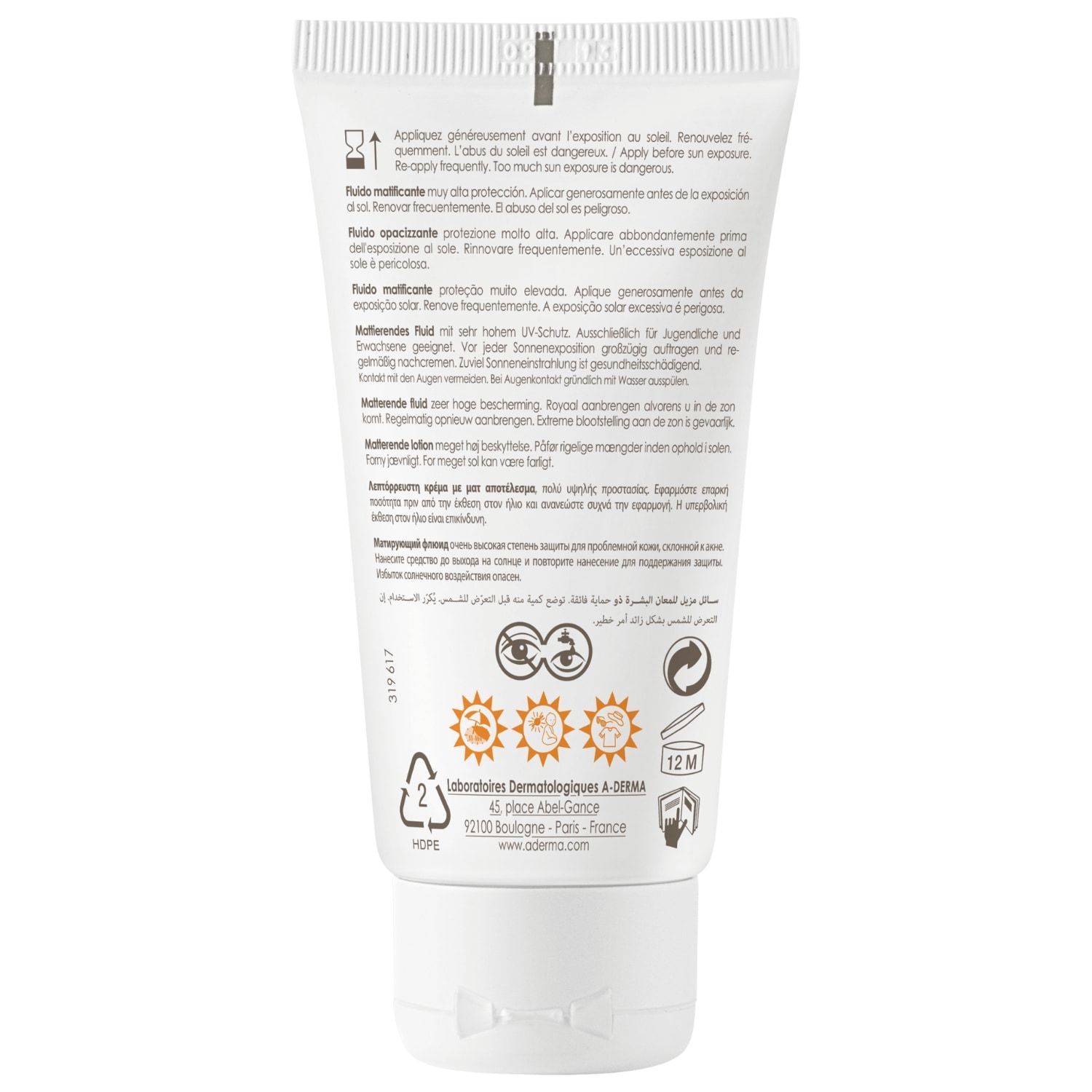 A-DERMA Apsauginis kremas nuo saulės AC matinį atspalvį suteikiantis skystis SPF 50+ - 40 ml
