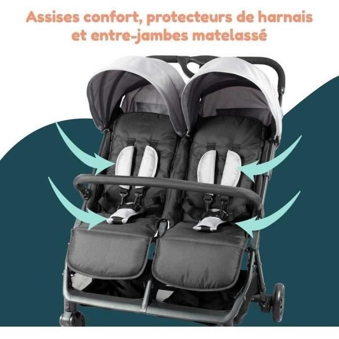 Bambisol - DS209 GRIGIO NERO - Passeggino doppio affiancato | Per gemelli dalla nascita, chiusura ultracompatta | Nero Grigio