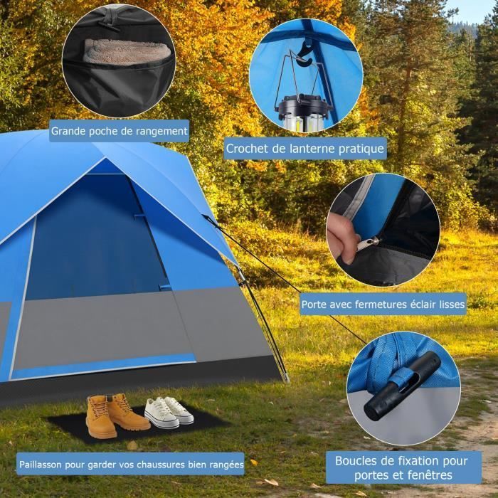 Tienda de campaña portátil COSTWAY para 3 personas - Suelo - Techo doble desmontable - Poliéster impermeable - Varillas de fibra de vidrio