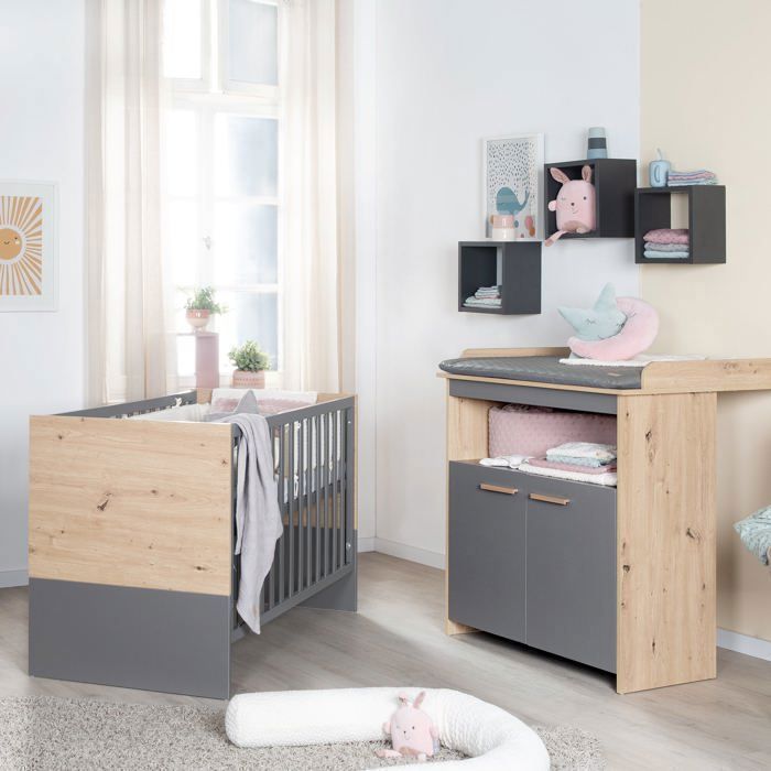 Baby room duo: Cot 60 x 120 cm + convertible changing unit - ANNA - ROBA - Kent Oak / Anthracite