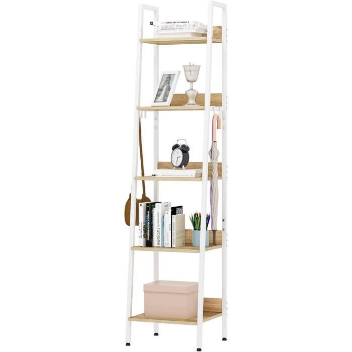 WOLTU Étagère Échelle, Étagère de Rangement à 5 Niveaux avec 4 Crochets Amovibles, Cadre en Métal, Blanc 40x170x36cm
