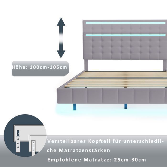 Zwevend bed 140x190 cm met LED-verlichting, bedframe, DAIDAI, lattenbodem, 140x190 cm, Scandinavische stijl, grijs linnen