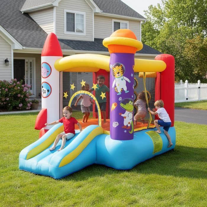 Inflatable Castle for Children, Indoor/Outdoor Inflatable Bouncing Castle with Jumping Area, Slide, 370W Blower