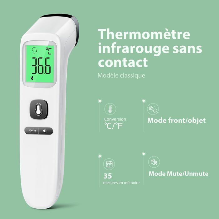 Termómetro de frente sin contacto, termómetro para bebés, lectura precisa con pantalla LCD, modo silencioso, función de memoria (blanco)