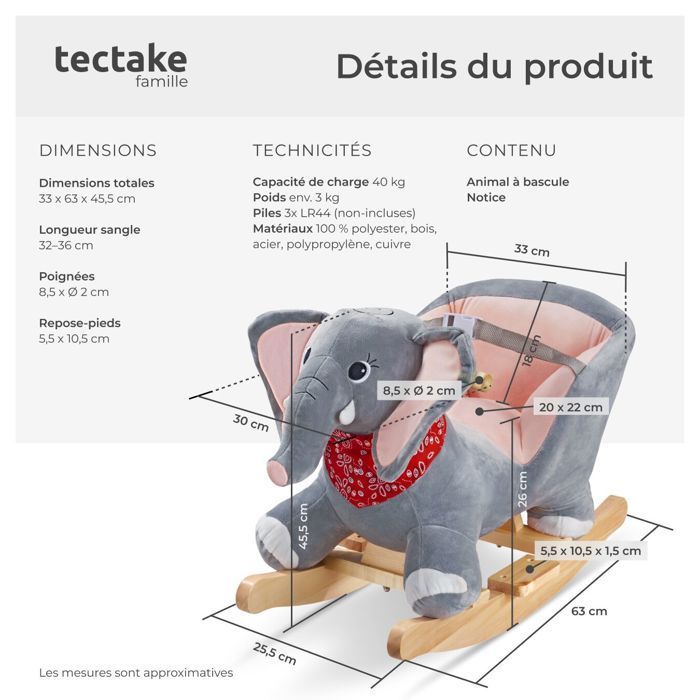 Juguete mecedor - TECTAKE - Elefante mecedor de peluche para niños de 12 meses en adelante con efectos de sonido 33 x 63 x 45,5 cm - Gris