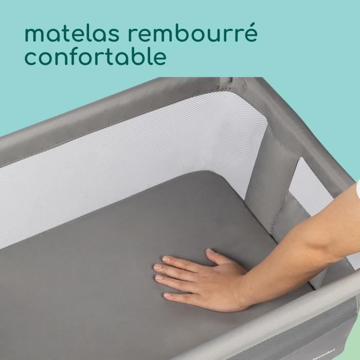Lettino pieghevole e co-sleeping BEBECONFORT Zina, 0-6 mesi (0-9 kg), 5 posizioni di altezza regolabili, materasso reclinabile, grigio minerale.