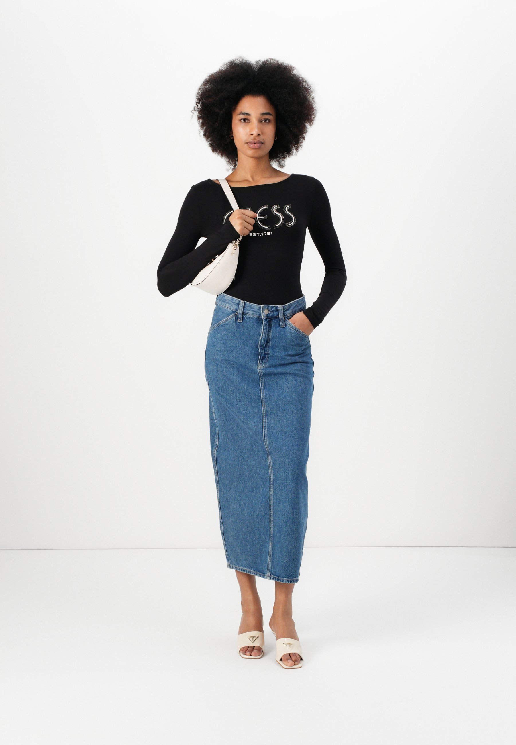 Guess NEVA HOTFIX LOGO BODY - Top met lange mouwen - gitzwart