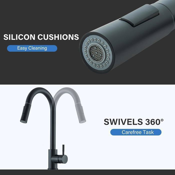 Rubinetto da cucina con doccetta estraibile - Miscelatore da cucina - Girevole a 360° - Doccetta estraibile - 2 tipi di getto - Nero