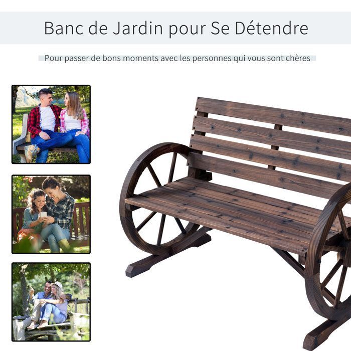 Banco de jardín - Outsunny - Estilo rústico chic de 3 plazas con reposabrazos y ruedas - Madera de abeto - Natural