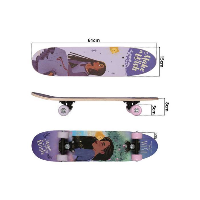 DISNEY WISH Asha Wooden Skateboard for Children, 61 cm, Non-slip, Lightweight and Stable, 20-50 kg