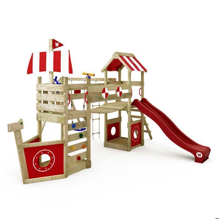 Zona de juegos de madera WICKEY StormFlyer con forma de barco, tobogán rojo de 220 cm y rocódromo – 10 años de garantía*.