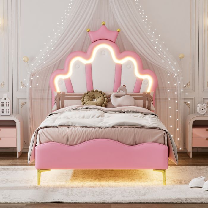 Cama infantil tapizada Crown - 90x200 cm - Iluminación LED multicolor integrada - Somier de láminas incluido