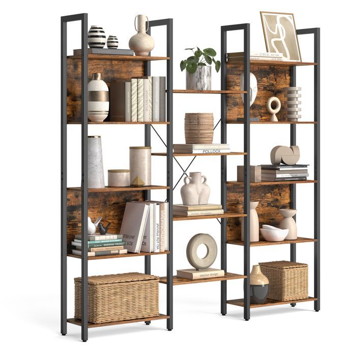 VASAGLE Bibliothèque, Étagère de Rangement, avec 14 Étagères, Cadre en Métal, Salon, 24 x 158 x 166 cm, Marron Rustique et Noir