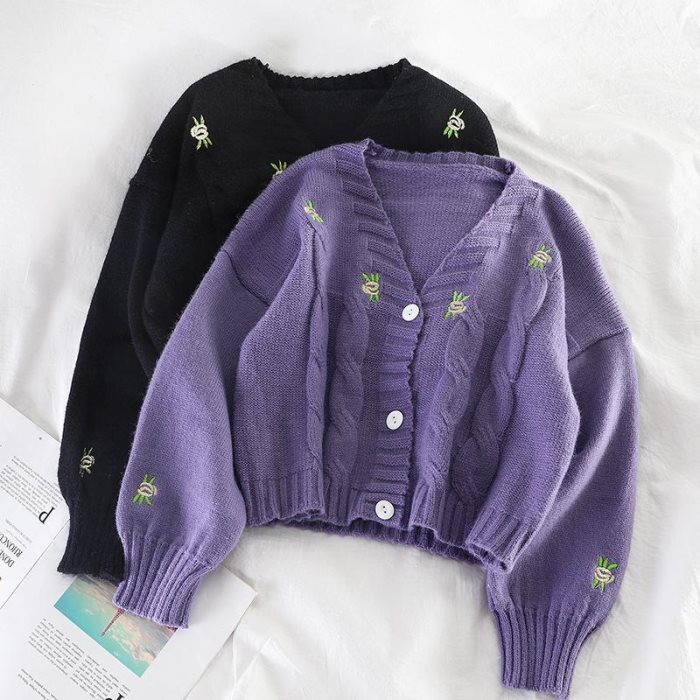 Cardigan da donna alla moda con ricami, nuovo maglione autunno/inverno da donna, lavorato a maglia, ampio, casual, stile Joker, crop top, stile coreano 2020